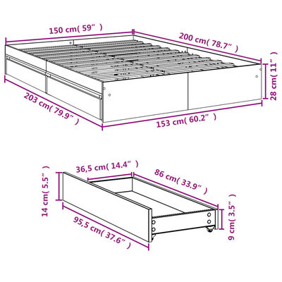 vidaXL Bedframe met lades bewerkt hout bruin eikenkleurig 150x200 cm