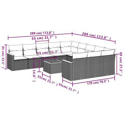 vidaXL 12-delige Loungeset met kussens poly rattan grijs