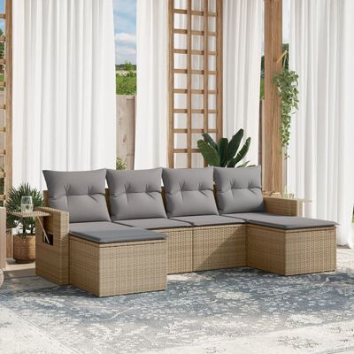 vidaXL 6-delige Loungeset met kussens poly rattan beige