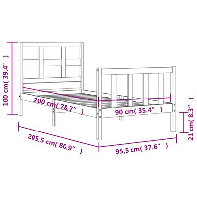 vidaXL Bedframe met hoofdbord massief hout zwart 90x200 cm