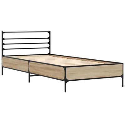 vidaXL Bedframe bewerkt hout en metaal sonoma eikenkleurig 90x190 cm