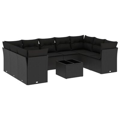 vidaXL 10-delige Loungeset met kussens poly rattan zwart