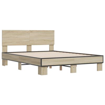 vidaXL Bedframe bewerkt hout metaal sonoma eikenkleurig 135x190 cm