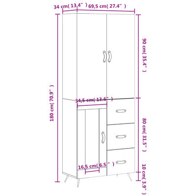 vidaXL Hoge kast 69,5x34x180 cm bewerkt hout wit