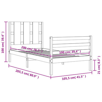 vidaXL Bedframe met hoofdbord massief hout 100x200 cm