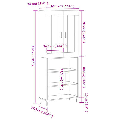 vidaXL Hoge kast 69,5x34x180 cm bewerkt hout wit