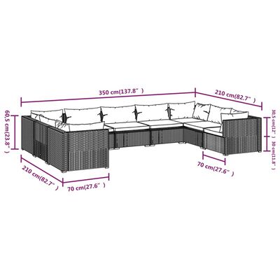 vidaXL 9-delige Loungeset met kussens poly rattan zwart