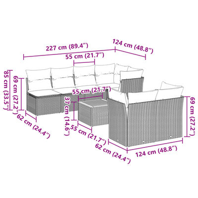 vidaXL 8-delige Loungeset met kussens poly rattan grijs