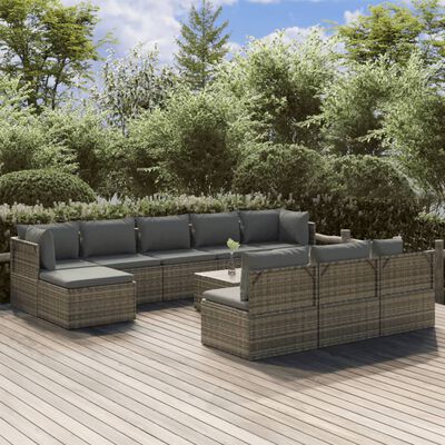 vidaXL 11-delige Loungeset met kussens poly rattan grijs