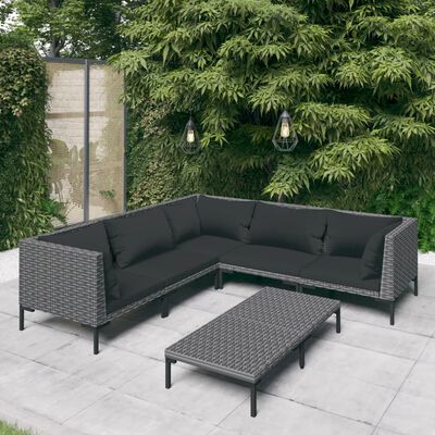 vidaXL 6-delige Loungeset met kussens poly rattan donkergrijs