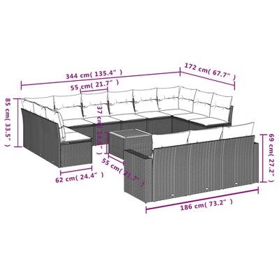 vidaXL 14-delige Loungeset met kussens poly rattan zwart