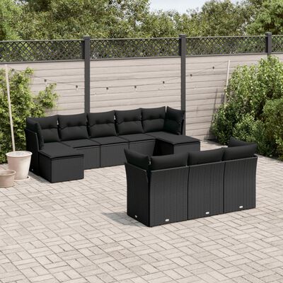 vidaXL 10-delige Loungeset met kussens poly rattan zwart