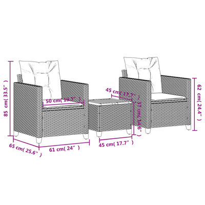 vidaXL 3-delige Bistroset met kussens poly rattan en acaciahout beige