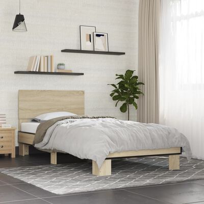 vidaXL Bedframe bewerkt hout en metaal sonoma eikenkleurig 90x200 cm