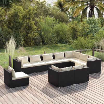 vidaXL 10-delige Loungeset met kussens poly rattan zwart