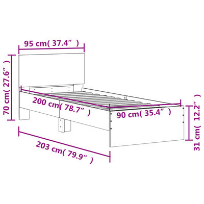 vidaXL Bedframe met hoofdbord en LED grijs sonoma eikenkleur 90x200 cm