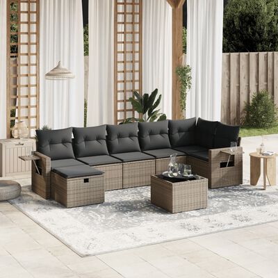 vidaXL 8-delige Loungeset met kussens poly rattan grijs