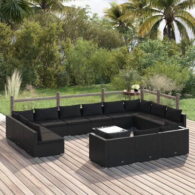 vidaXL 14-delige Loungeset met kussens poly rattan zwart