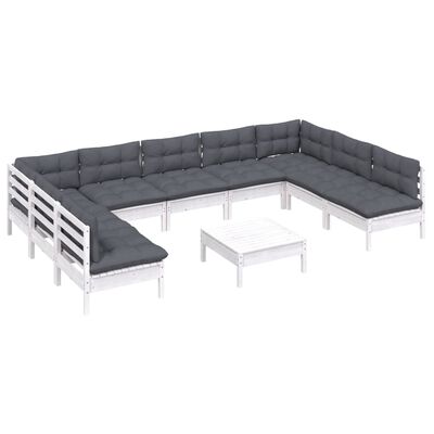 vidaXL 10-delige Loungeset met kussens massief grenenhout wit