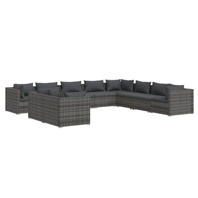 vidaXL 10-delige Loungeset met kussens poly rattan grijs