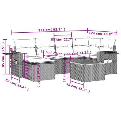 vidaXL 7-delige Loungeset met kussens poly rattan gemengd beige