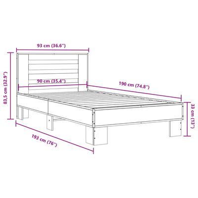 vidaXL Bedframe bewerkt hout en metaal gerookt eikenkleurig 90x190 cm