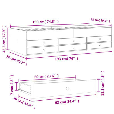 vidaXL Slaapbank met lades zonder matras 75x190 cm bruin eikenkleurig