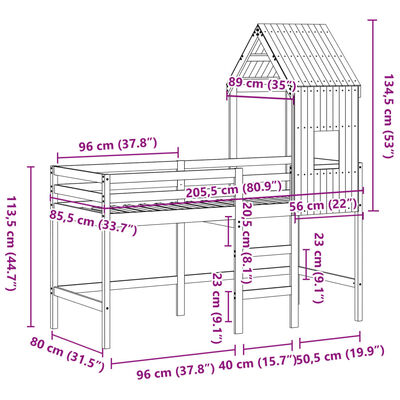 vidaXL Halfhoogslaper met ladder en bedhuis grenenhout 80x200 cm