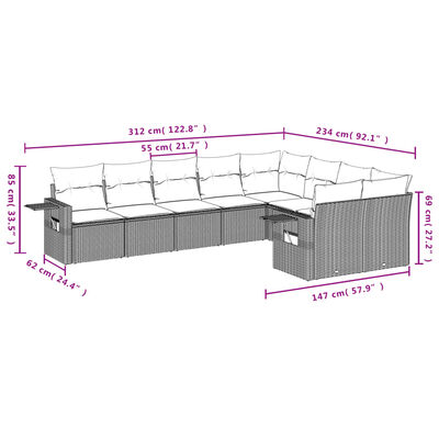 vidaXL 9-delige Loungeset met kussens poly rattan grijs