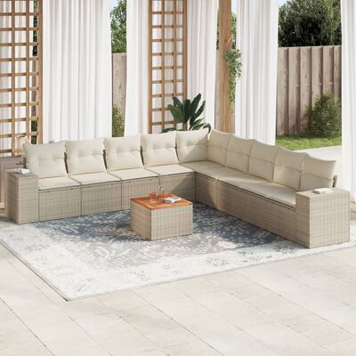 vidaXL 10-delige Loungeset met kussens poly rattan beige