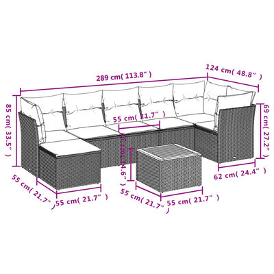 vidaXL 8-delige Loungeset met kussens poly rattan grijs