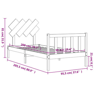 vidaXL Bedframe met hoofdbord massief hout 90x200 cm