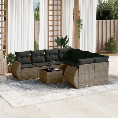 vidaXL 9-delige Loungeset met kussens poly rattan grijs