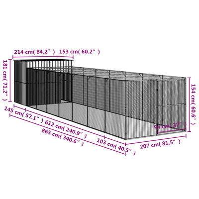 vidaXL Hondenhok met ren 214x865x181 cm gegalvaniseerd staal antraciet