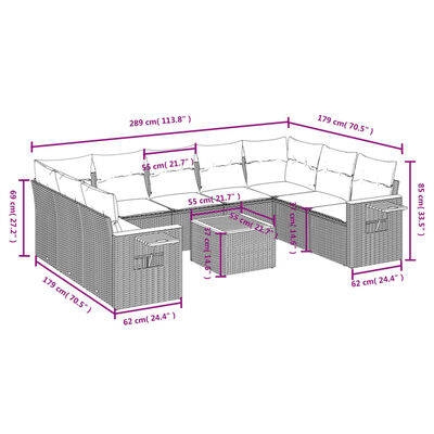 vidaXL 10-delige Loungeset met kussens poly rattan zwart