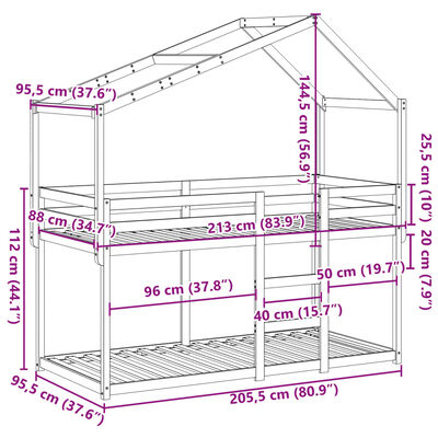 vidaXL Stapelbed met bedhuis massief grenenhout wasbruin 90x200 cm