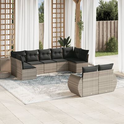 vidaXL 9-delige Loungeset met kussens poly rattan lichtgrijs