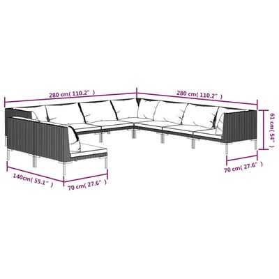 vidaXL 9-delige Loungeset met kussens poly rattan donkergrijs