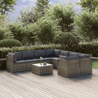 vidaXL 9-delige Loungeset met kussens poly rattan grijs