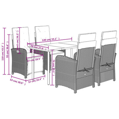 vidaXL 5-delige Tuinset met kussens poly rattan zwart