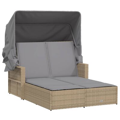 vidaXL Ligbed 2-persoons luifel en kussens poly rattan gemengd beige