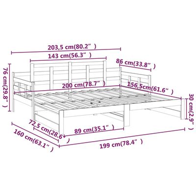 vidaXL Slaapbank uitschuifbaar massief grenenhout zwart 2x(80x200) cm