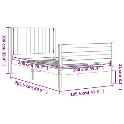 vidaXL Bedframe met hoofdbord massief hout 100x200 cm