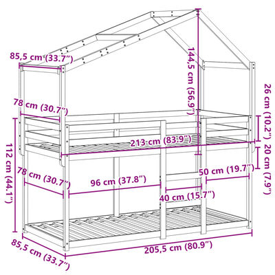 vidaXL Stapelbed met dak massief grenenhout wasbruin 80x200 cm