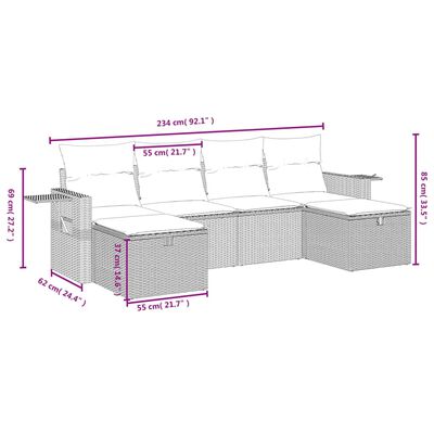 vidaXL 6-delige Loungeset met kussens poly rattan grijs