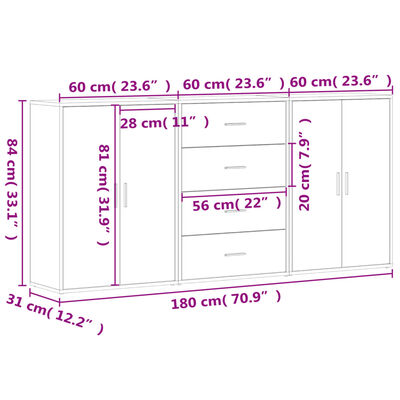 vidaXL Dressoirs 3 st 60x31x84 cm bewerkt hout zwart