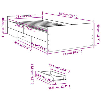 vidaXL Bedframe met lades bewerkt hout betongrijs 75x190 cm