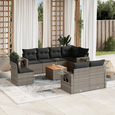 vidaXL 9-delige Loungeset met kussens poly rattan grijs