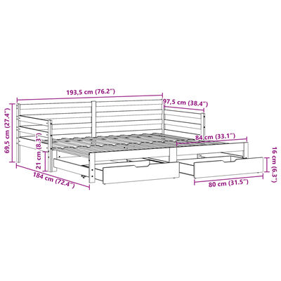 vidaXL Slaapbank met onderschuifbed en lades 90x190 cm grenenhout wit