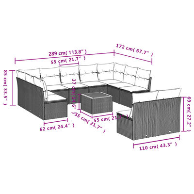 vidaXL 12-delige Loungeset met kussens poly rattan grijs